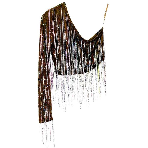 Nasty Gal – One Shoulder Tassel Beaded Crop Top (Multi) – S - Picture 2 of 8